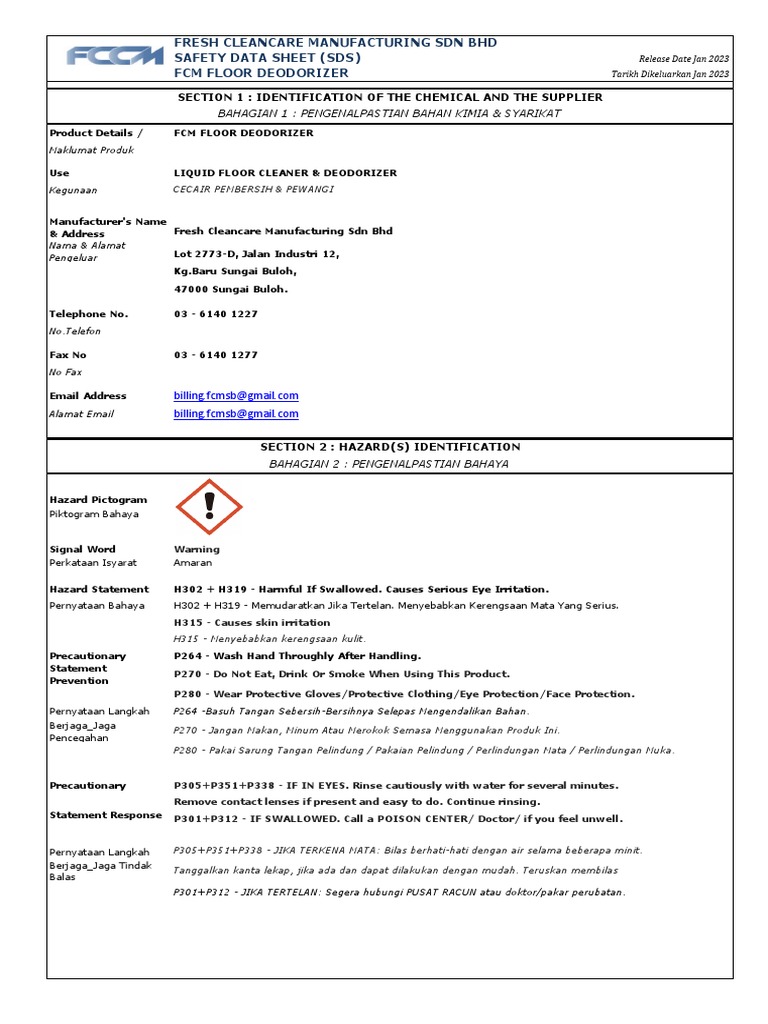 SDS Floor Deodorizer PDF Dangerous Goods Occupational Safety And Health