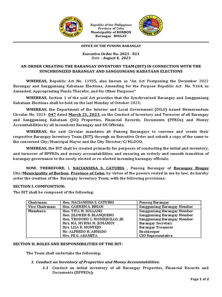 2023 - 021 Brgy INVENTORY TEAM | PDF | Government | Justice