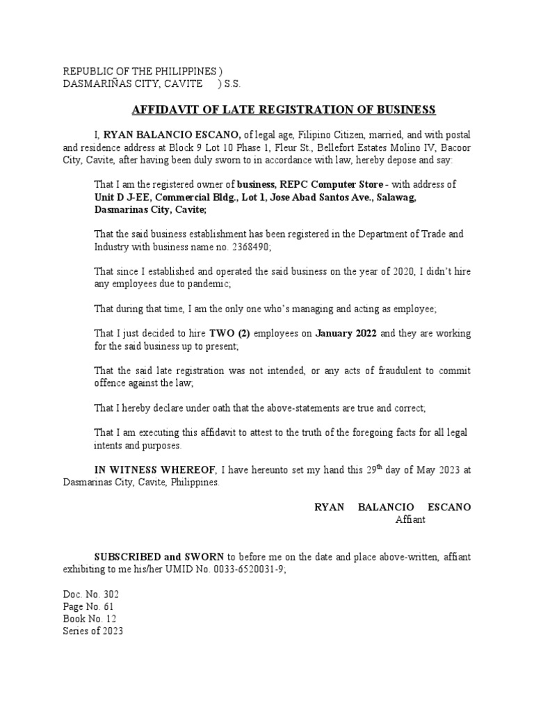 Affidavit of Late Business Registration | PDF | Law