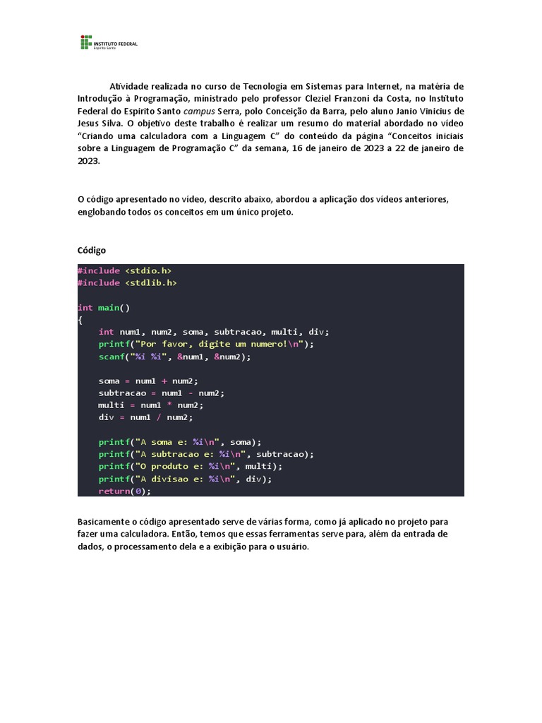 Criando Uma Calculadora Com A Linguagem C | PDF | Negócios