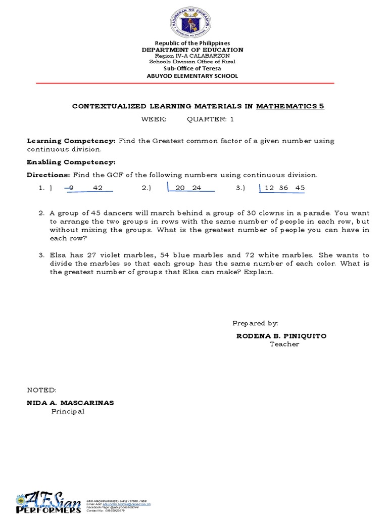 Contextualized Learning Materials in Math Q1 PDF Elementary Mathematics Mathematics