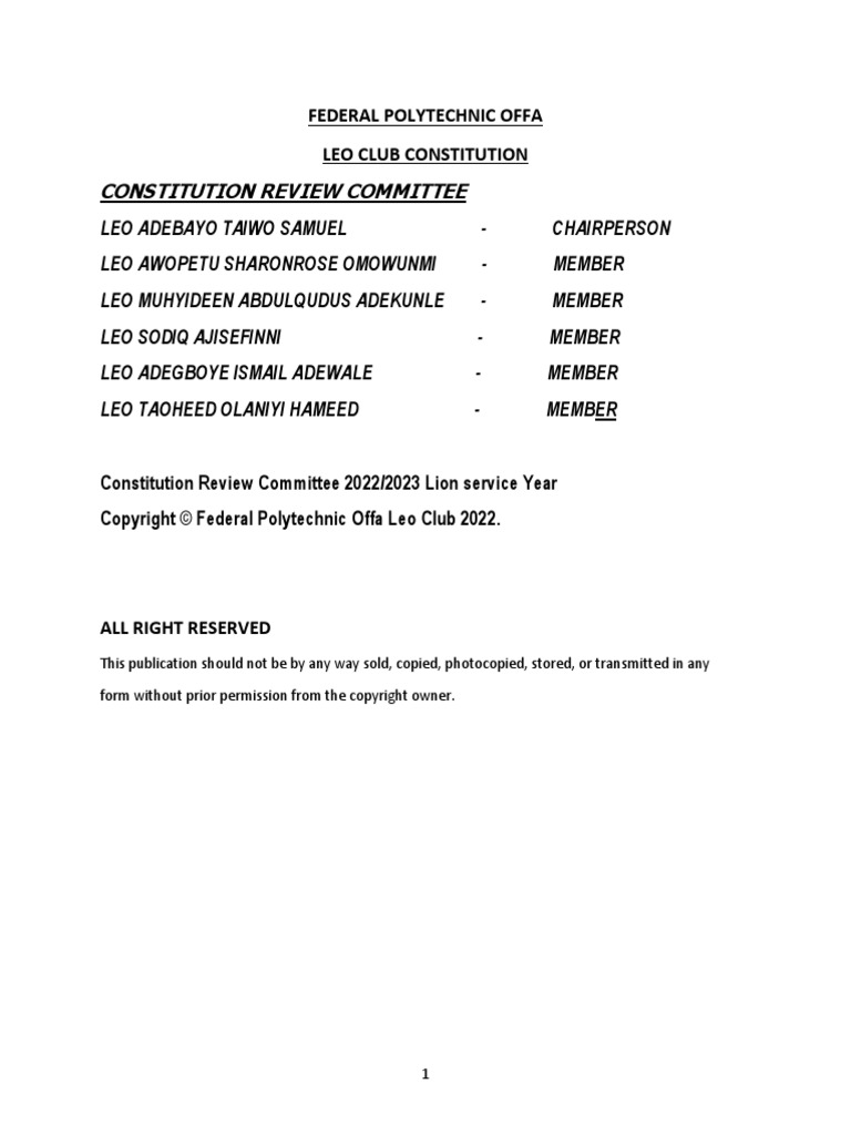 FEDPOFFA LEO CLUB Official Constitution | PDF | Board Of Directors