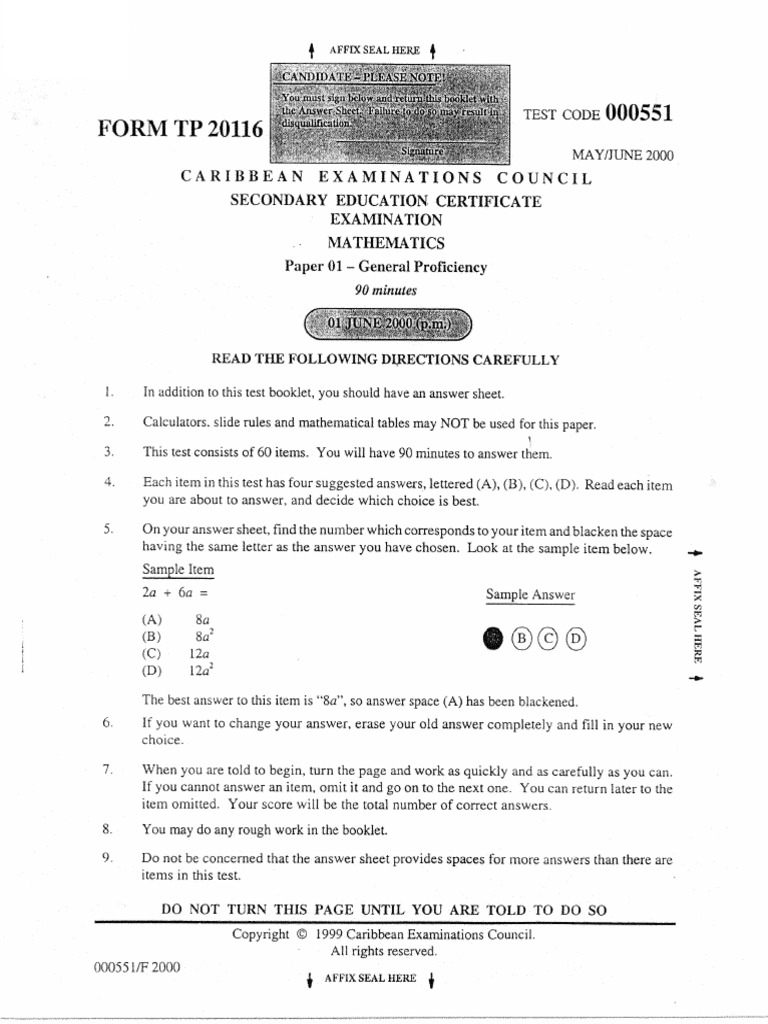 CSEC June 2000 Mathematics P1 | PDF