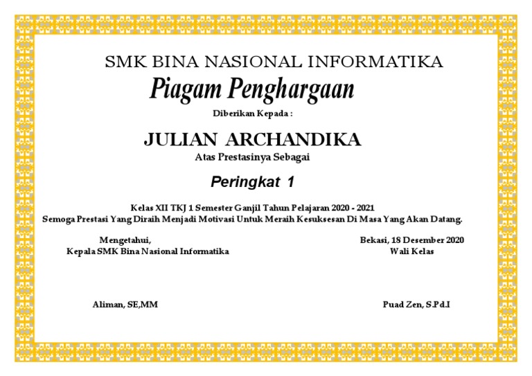 Piagam Juara Kelas Pdf