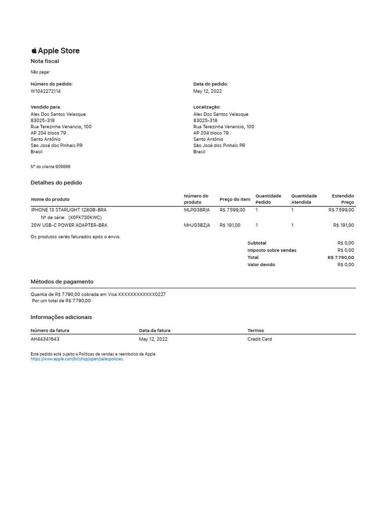 Nota Fiscal Iphone 13 Loco | PDF