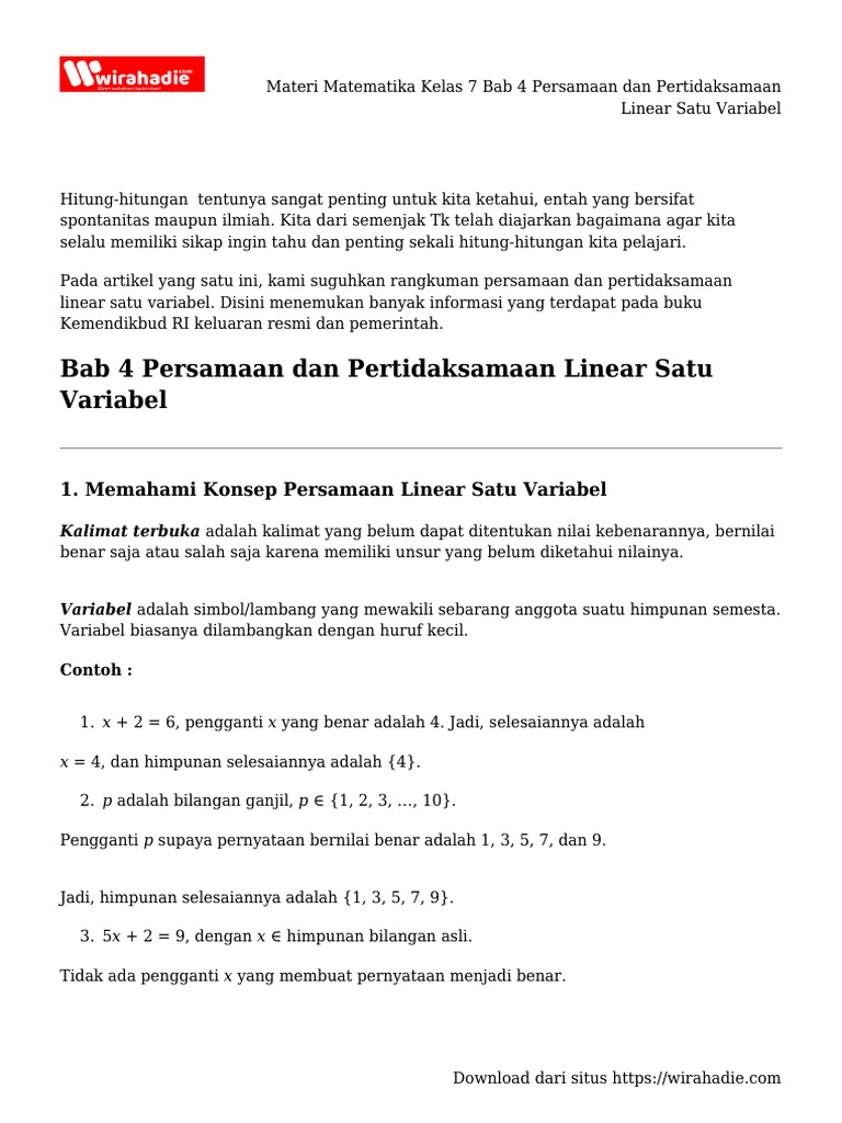 Materi Matematika Kelas 7 Bab 4 Persamaan Dan Pertidaksamaan Linear