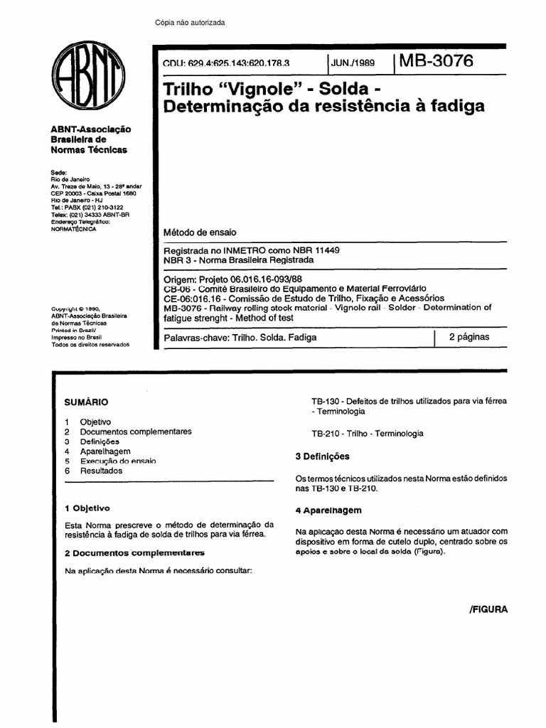 ABNT NBR 11449 MB 3076 - Trilho Vignole - Solda - Determinacao Da ...