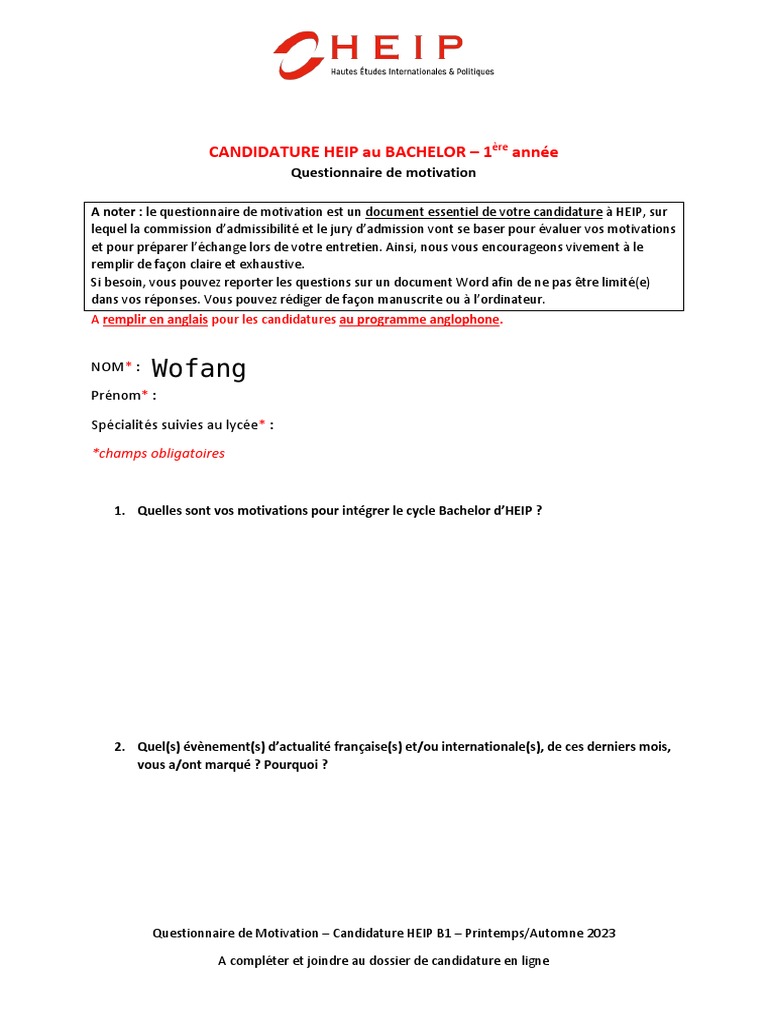 Questionnaire de Motivation HEIP B1 2023 | PDF | Évolution de carrière