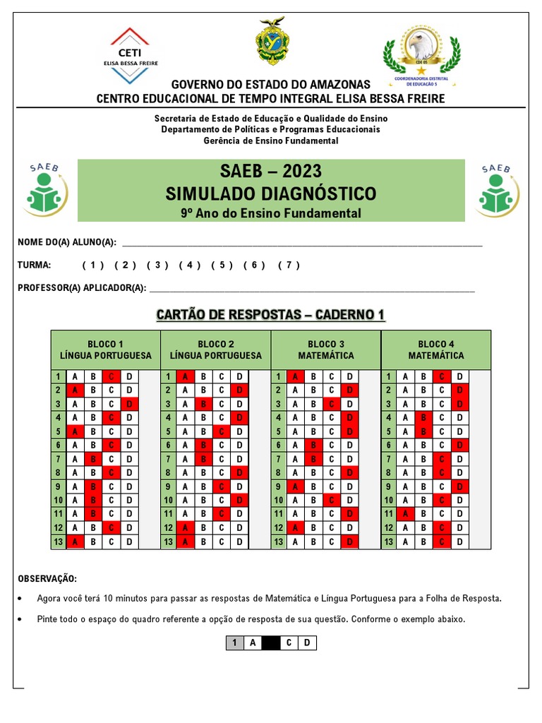 Simulado Diagnóstico SAEB 2023 - 9º Ano | PDF