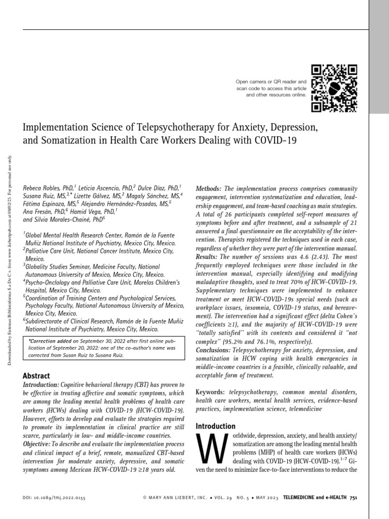Implementation science of telepsychotherapy for anxiety pdf