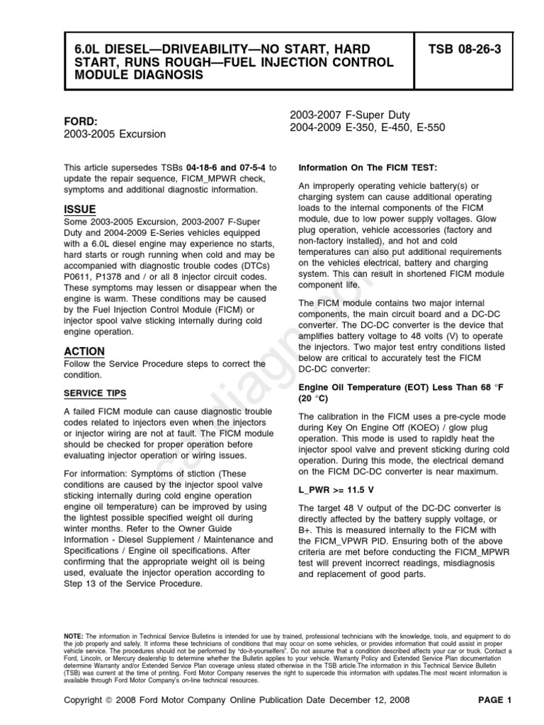 TSB-08-26-03 6.0L Diesel - Driveability - No Start - Hard Start - Runs ...