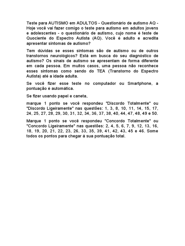 Teste para AUTISMO em ADULTOS | PDF