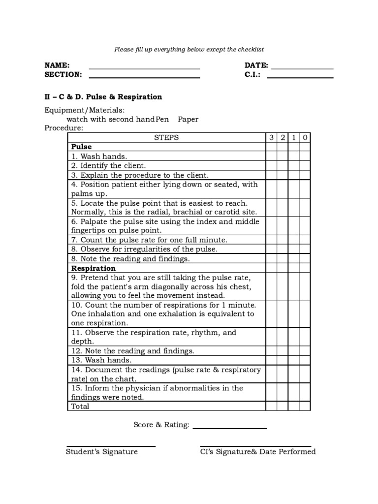 Pulse And Respiration Checklist Pdf Pulse Breathing