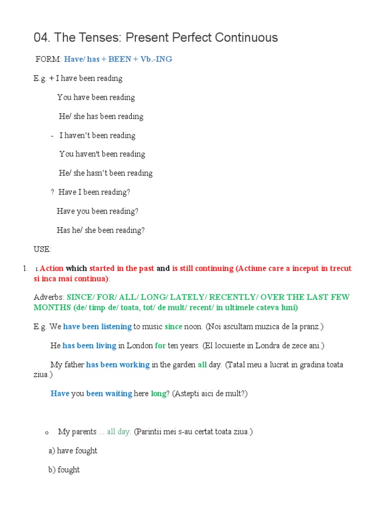 Present Perfect Continuous Pdf Spacetime English Grammar