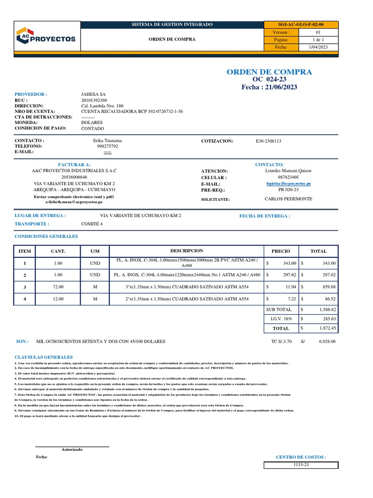 Orden de Compra Jahesa S.A. 2023 | PDF