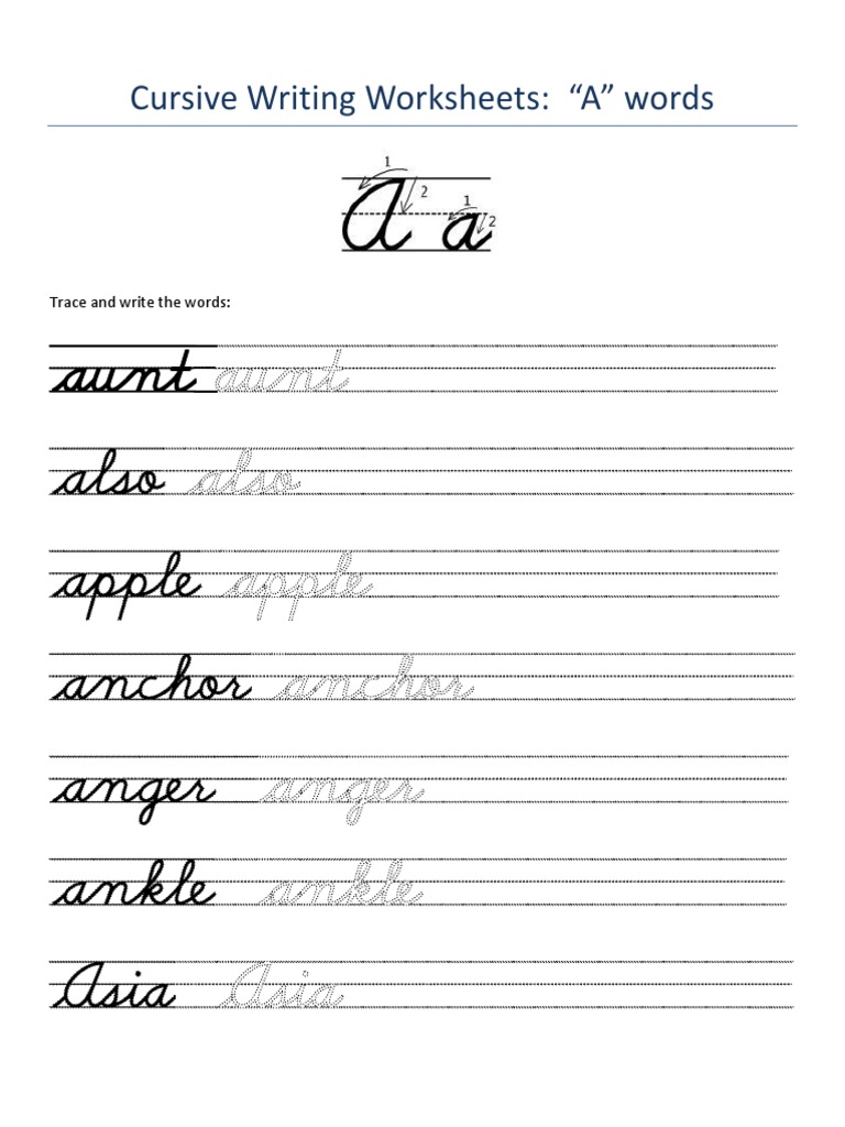 Cursive Words Worksheets PDF
