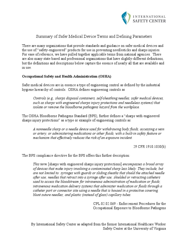 16 ISC Summary Safer Medical Device Terms PDF Injection (Medicine) Syringe