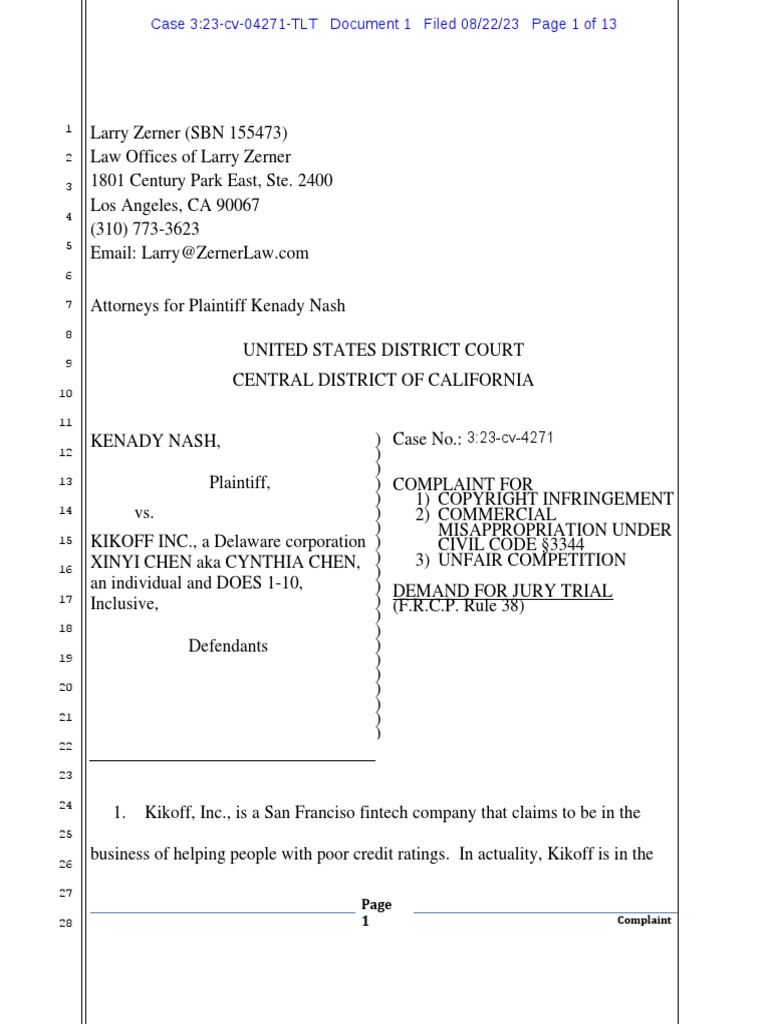 Copyright Infringement Complaint Against Kikoff | PDF