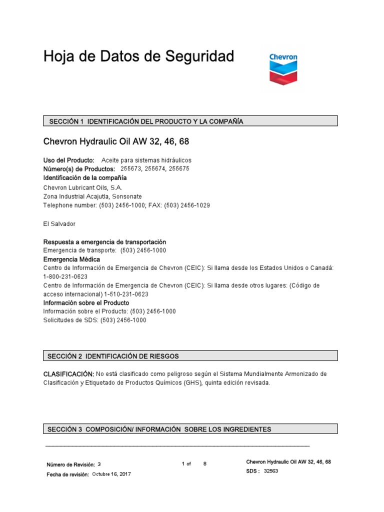 MSDS Hydraulic AW 32,46,68 Descargar gratis PDF Combustión