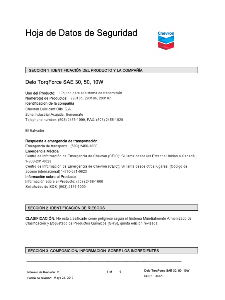 MSDS Delo Torqforce SAE 10W,30,50 PDF