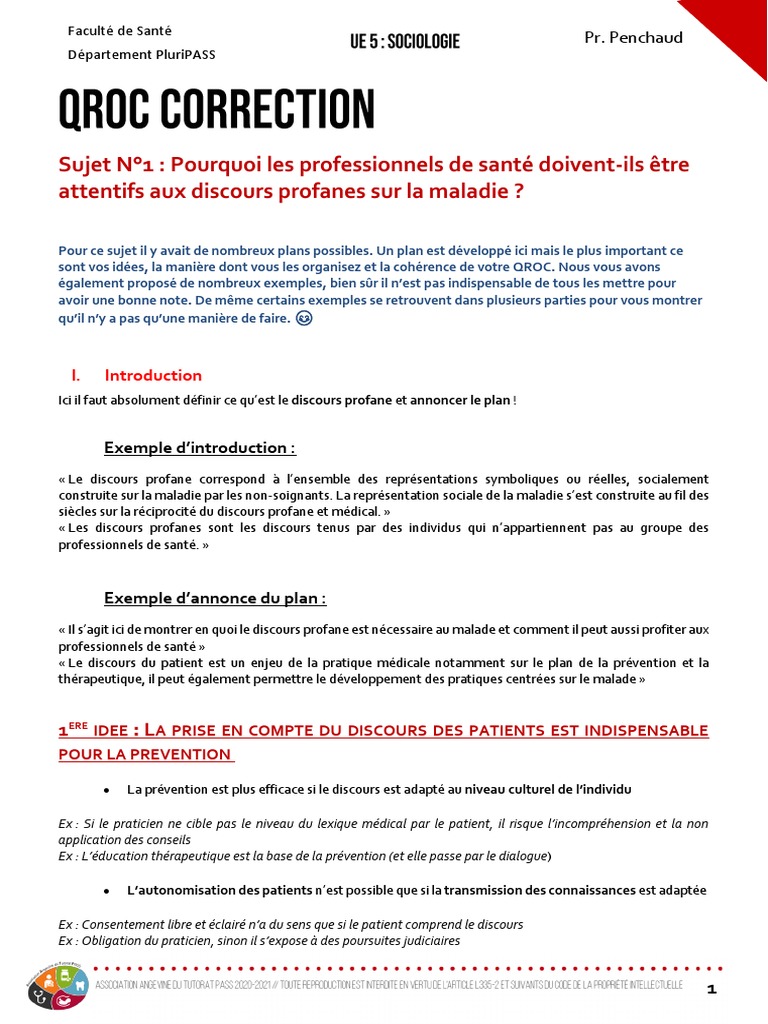 QROC Correction Sujet Discours Profane | PDF | Développement personnel ...