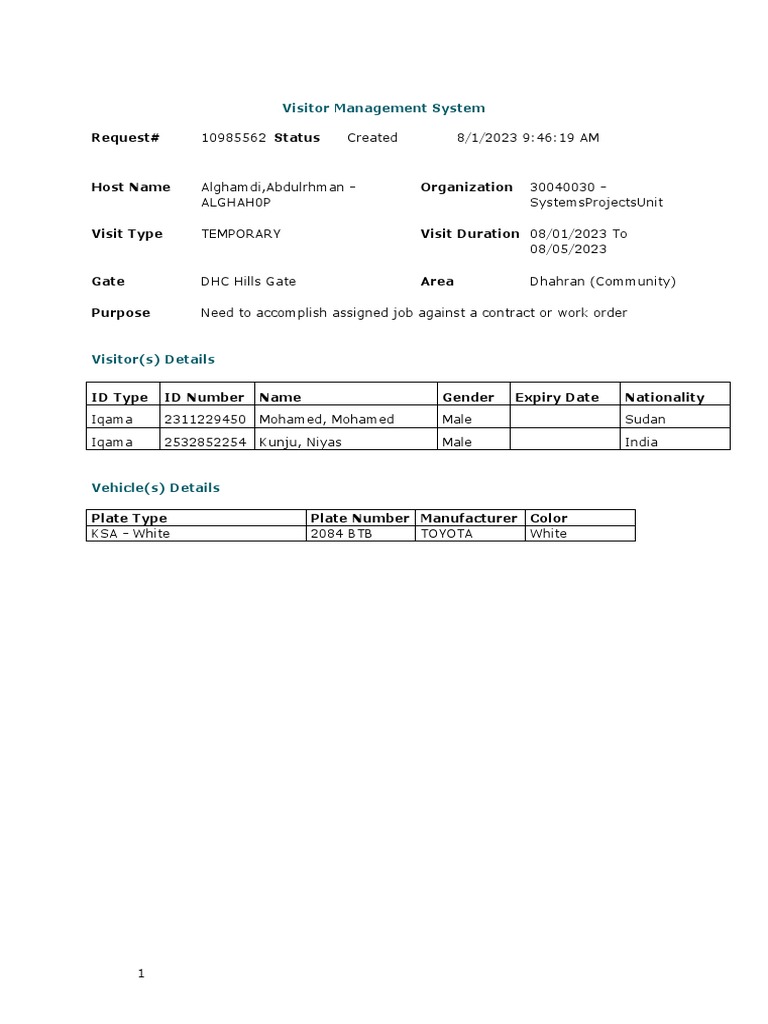 Request Visitor Management System PDF