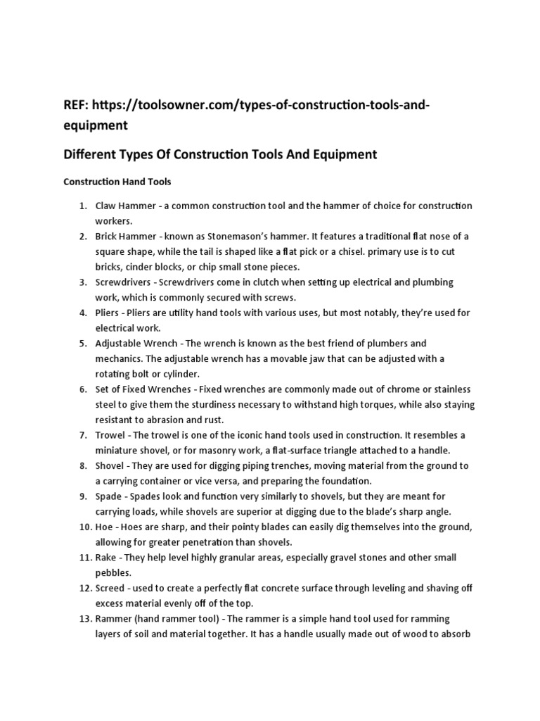 Different Types Of Construction Tools And Equipment PDF Hammer Tools