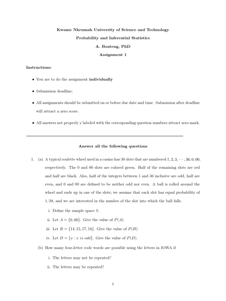 Probability and Statistics Assignment Guide | PDF | Probability ...