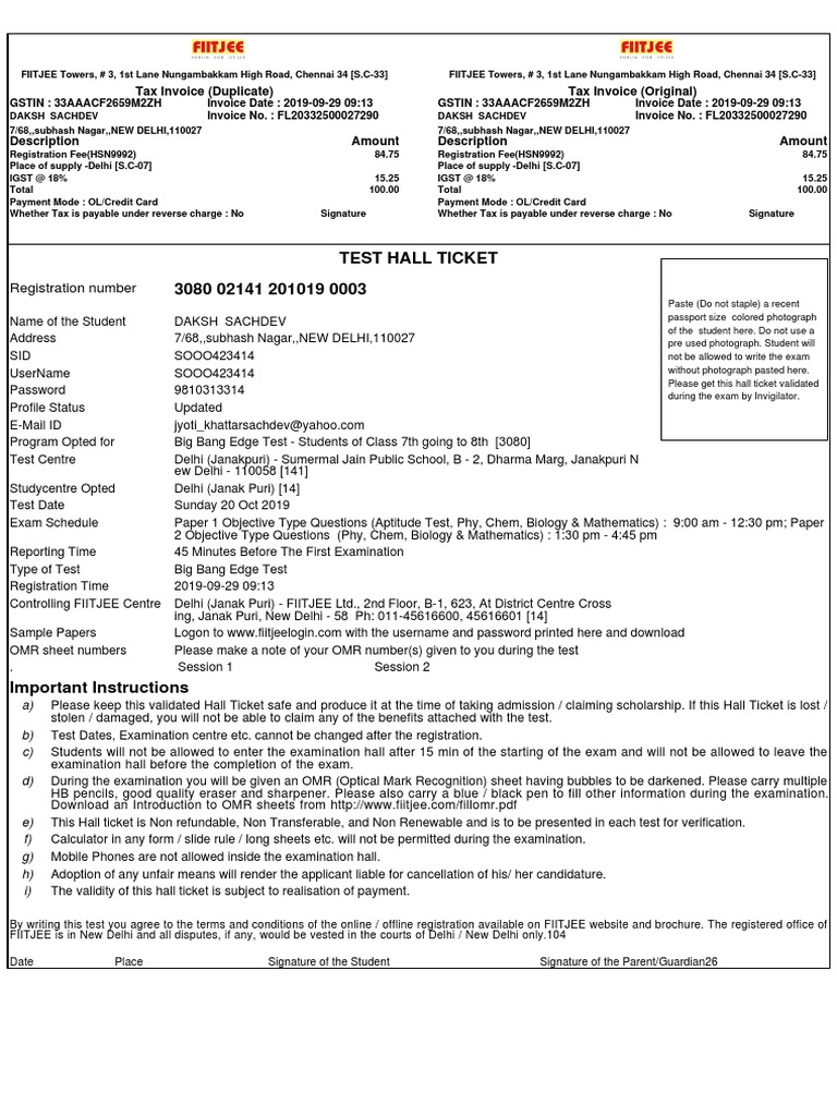 Test Hall Ticket 3080 02141 201019 0003: Registration Number | PDF