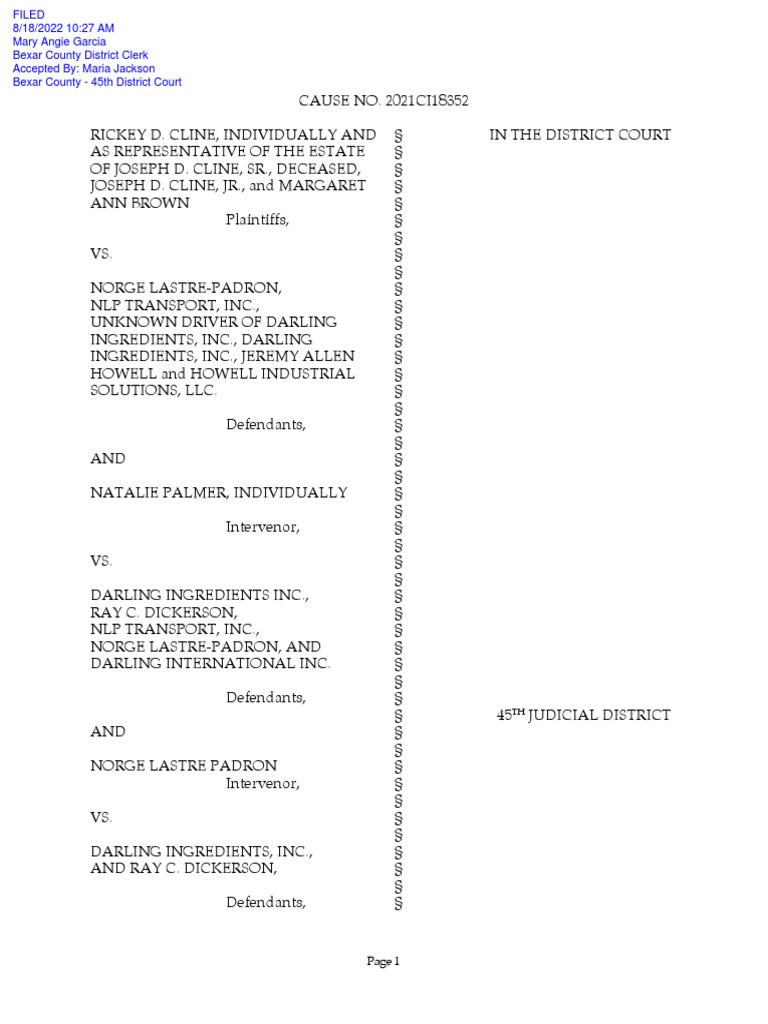 Tractor trailer crash intervenor natalie palmer s second amended