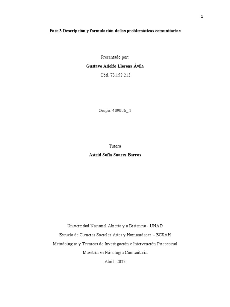 Fase 3 - Descripcion y Formulacion de Problematicas Comunitarias | PDF