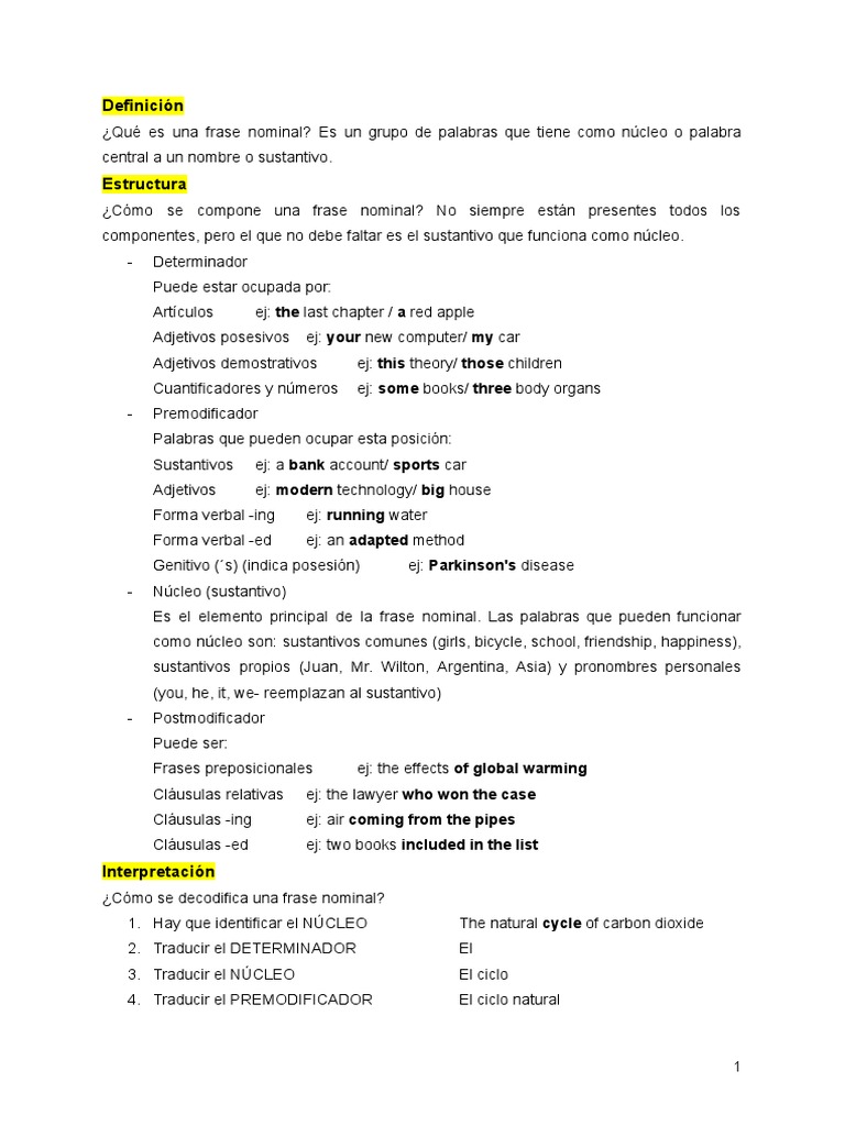 Frases Nominales: Definición y Ejercicios | PDF