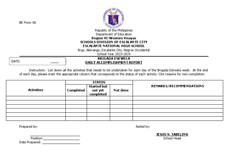 BE Form 6 DAILY ACCOMPLISHMENT REPORT 2023 | PDF