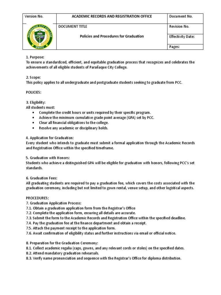 Policies and Procedures For Graduation | PDF