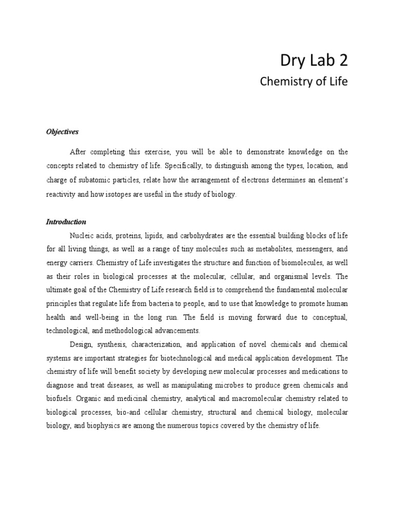 Dry Lab 2 Chemistry of Life PDF