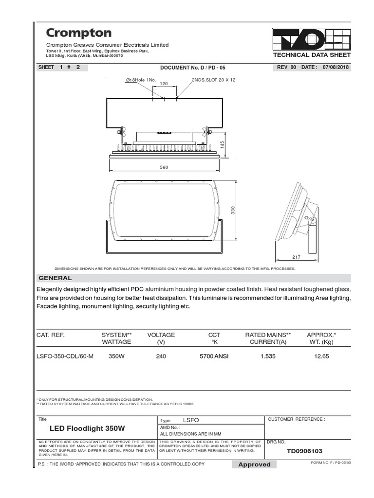 Crompton 350W LED Floodlight Specs | PDF | Lighting | Electric Power