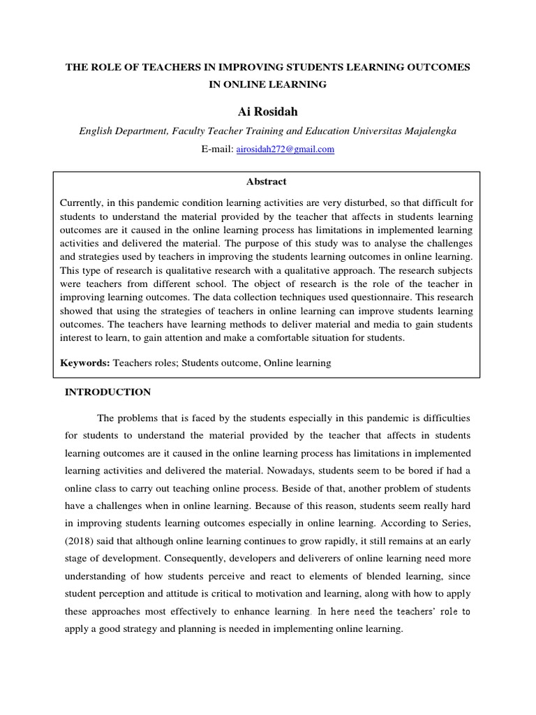 The Role of Teachers in Improving Students Learning Outcomes in Online ...
