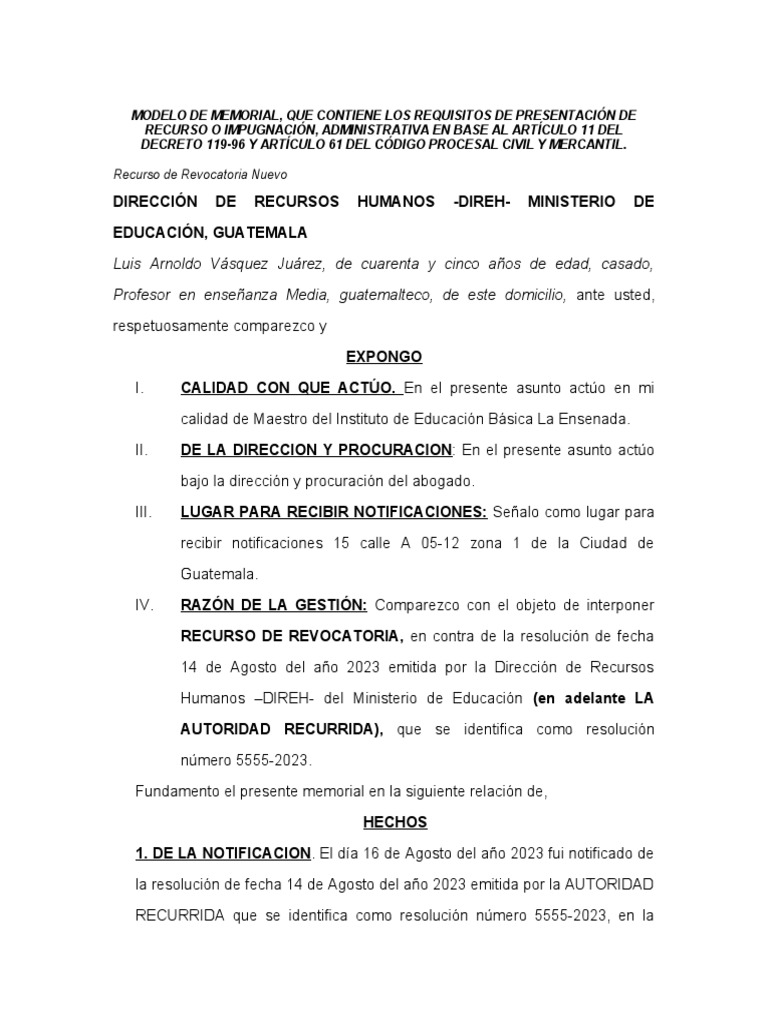 Memorial De Agravios Modelo