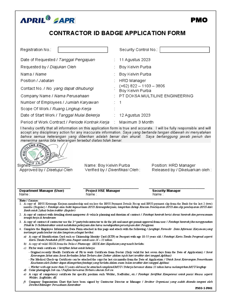 Contractor ID Badge Application Form Shao Guoqing PDF Contractor id badge application form shao guoqing pdf