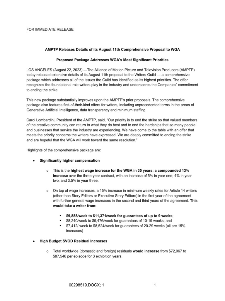 AMPTP's Proposal to WGA: Key Details | PDF | Salary | Screenplay