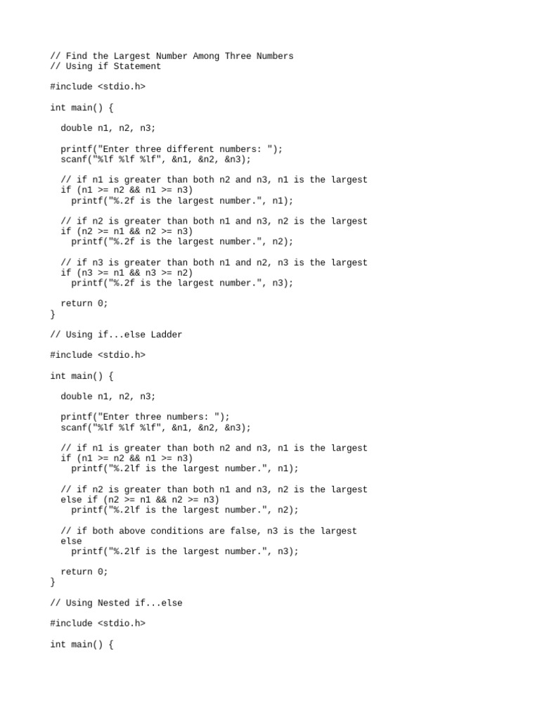 C Style Find the Largest Number Among Three Numbers and Calculate the ...