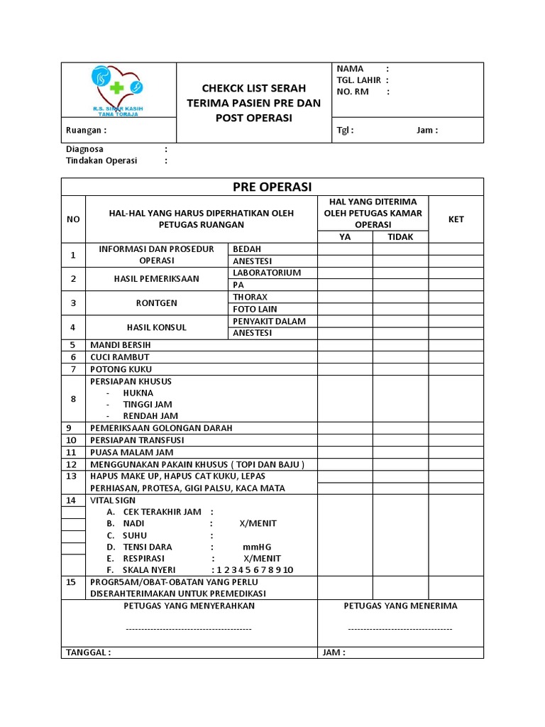 Chekck list serah terima pasien pre dan post operasi pdf