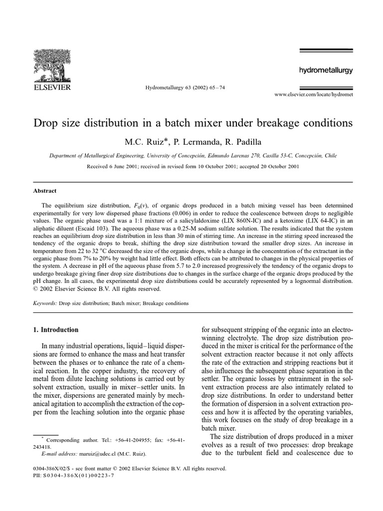 Drop Size Distribution in A Batch Mixer Under Breakage Conditions | PDF