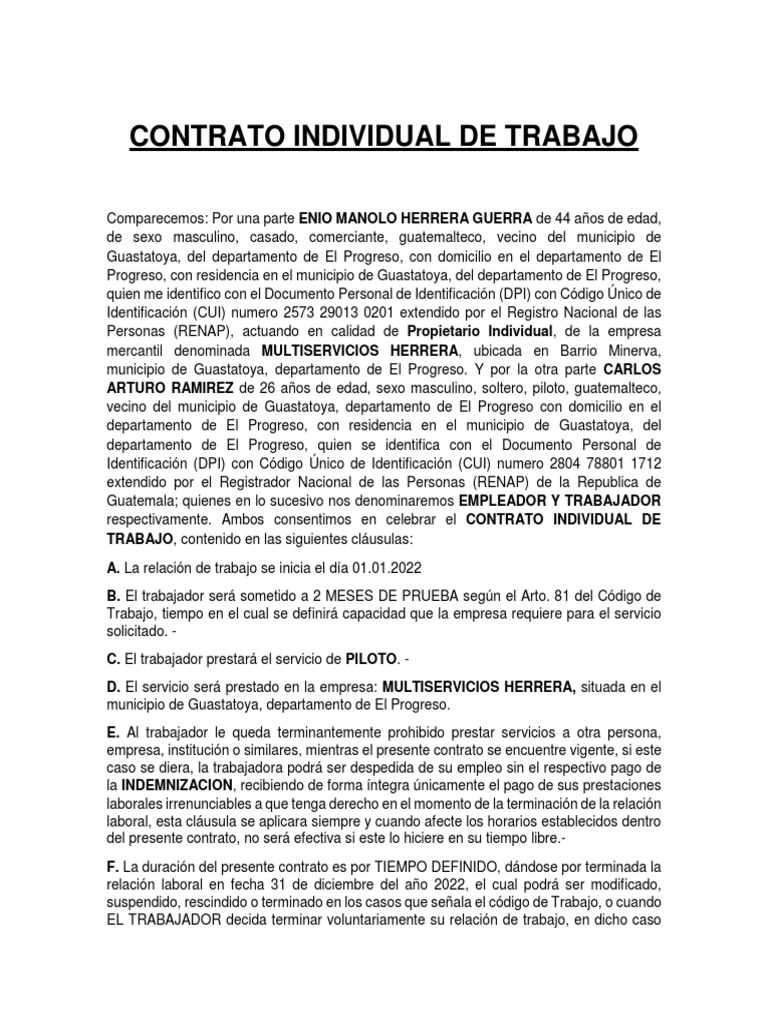 Contrato Individual de Carlos Ramirez | PDF