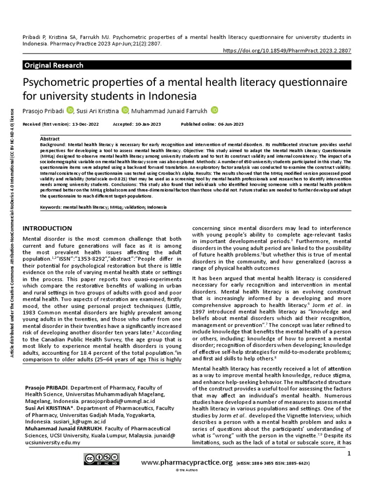 Psychometric Properties of A Mental Health | PDF