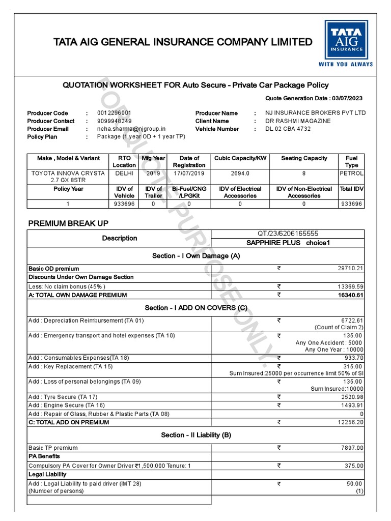 Tata AIG Motor Premium Quote 3184 QT 23 6206165555 PDF