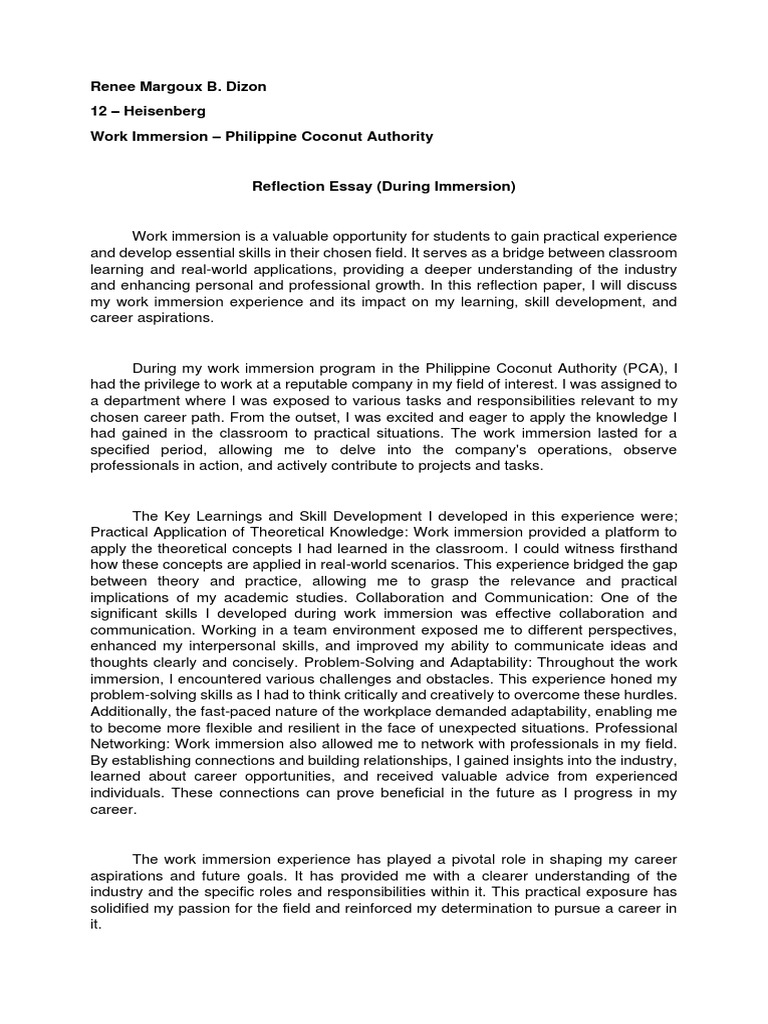 Work Immersion Experience Reflection | PDF