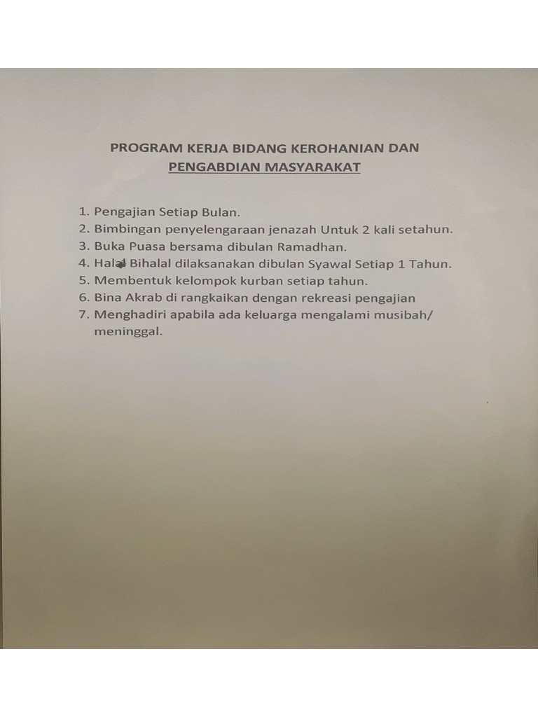 PROGRAM KERJA BIDANG KEROHANIAN DAN PENGABDIAN MASYARAKAT | PDF