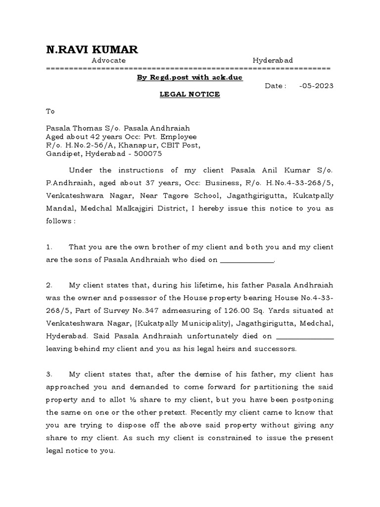 Legal Notice Partition Ravi Kumar Adv PDF