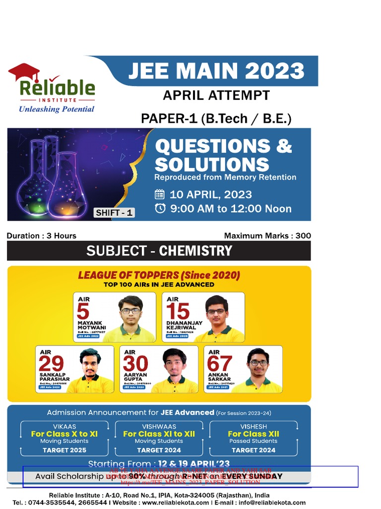 Jee Main 10 April 2023 Shift 1 Reliable Chemistry Question Paper | PDF